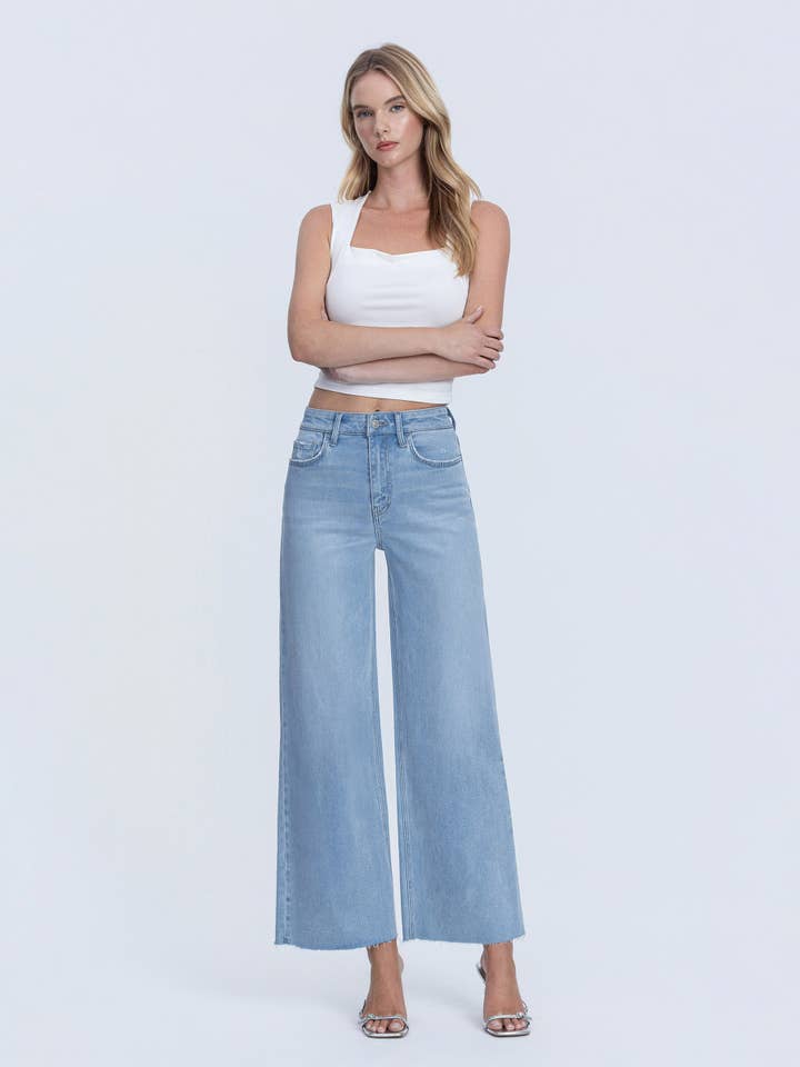 HIGH RISE LIGHT WASH RAW HEM ANKLE WIDE JEANS LV1918 for wholesale by Lovervet by VERVET