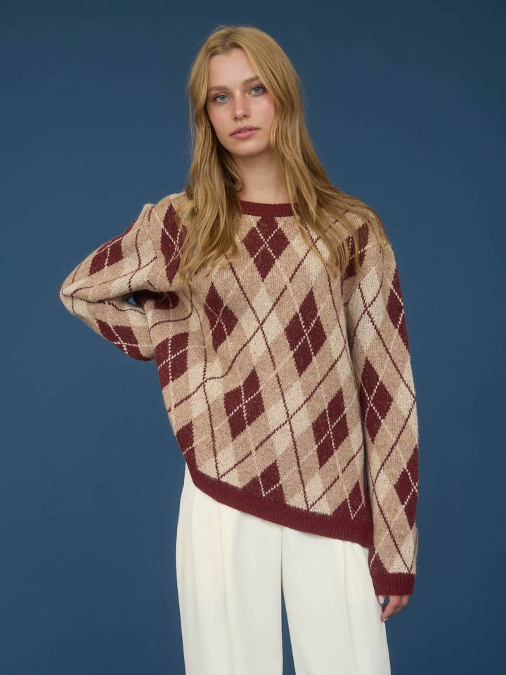 The Workshop Studio – Engroshandel Pullover - Dame – Crewneck sweater med lange ærmer og argyle-mønster0