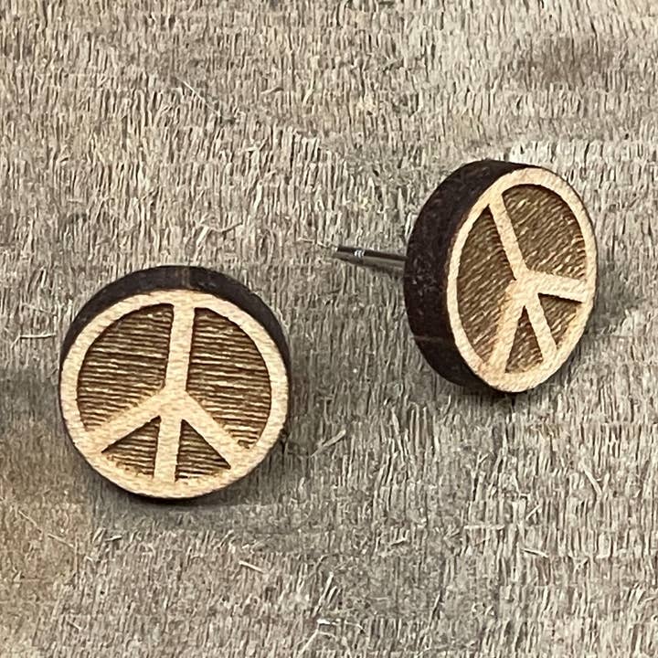Peace Sign Maple Wood Round Stud Earrings for wholesale by Red Shed Designs