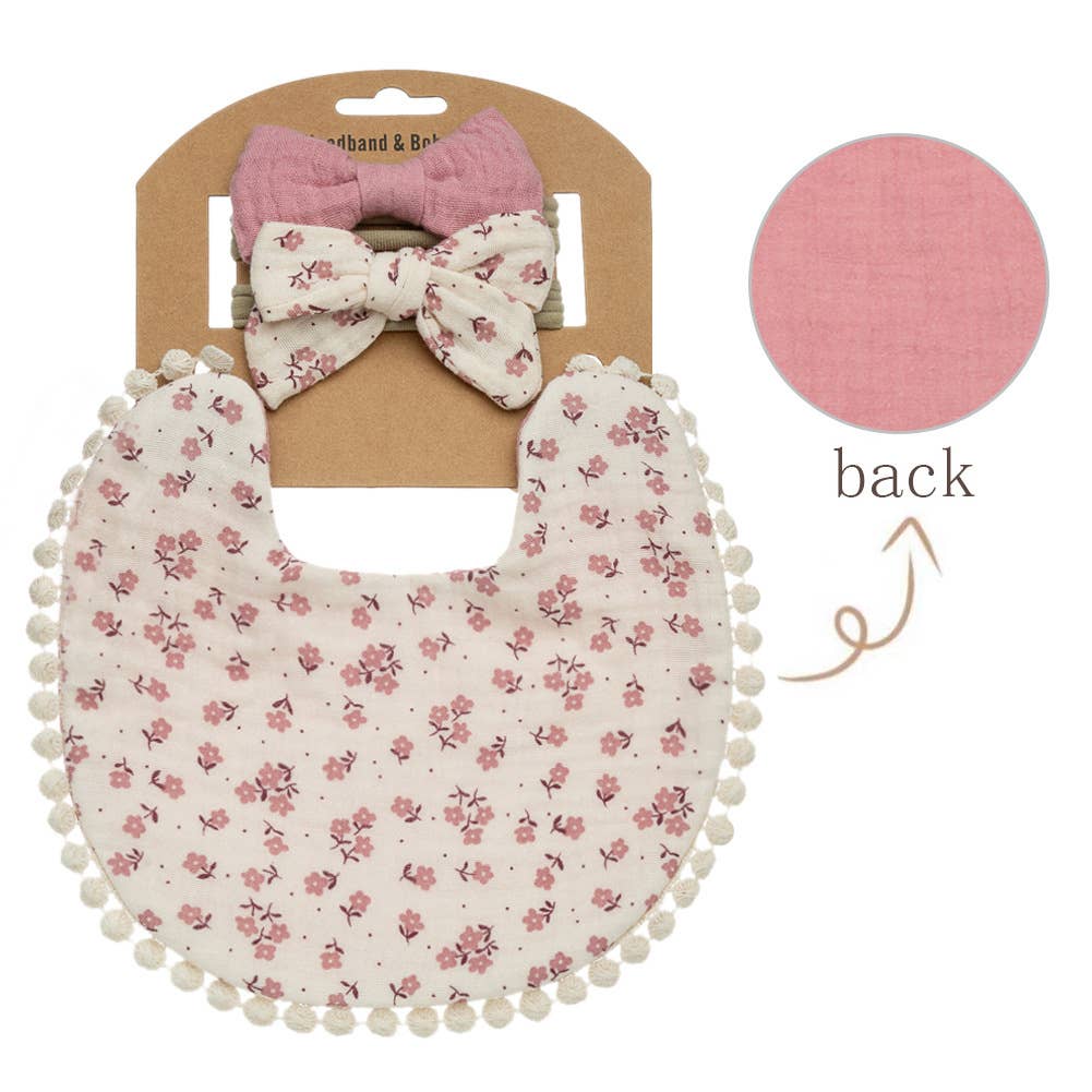 Little Trendy - Wholesale Bib - Baby - Baby Floral cotton Waterproofer Bib and Bows headband Sets5