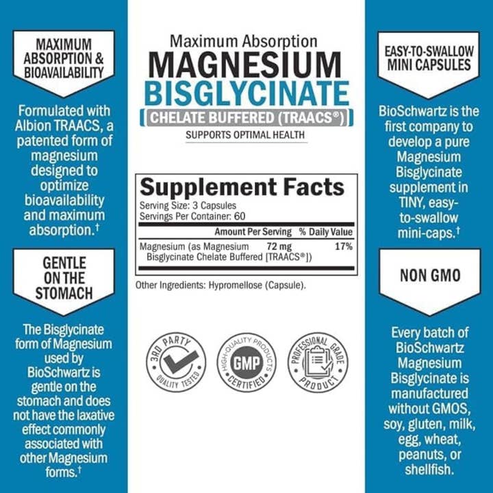 BioSchwartz - Wholesale Oral Supplement/Vitamin - Magnesium Bisglycinate: Energy & Muscle Support (90 Cap)