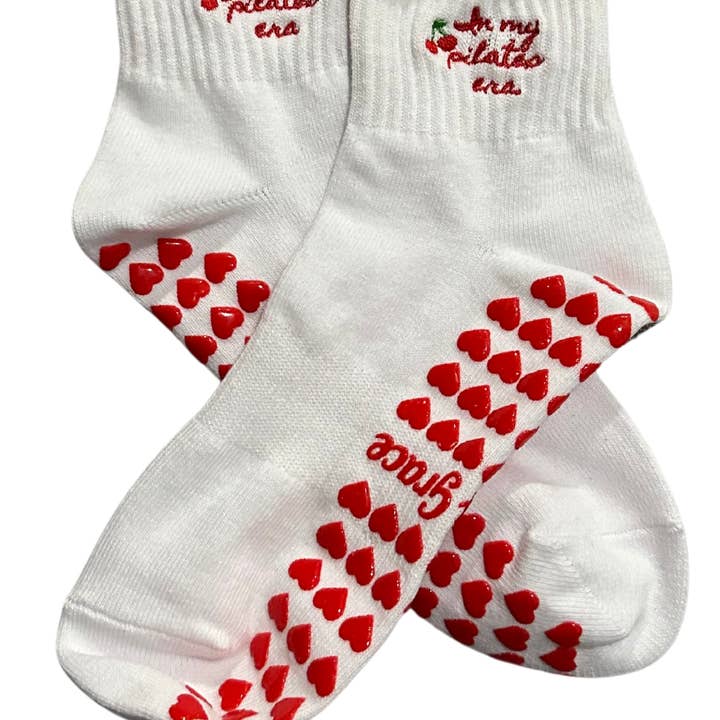 "In my pilates era" Pilates grip sock with heart grips for wholesale by MollyGraceGripSocks