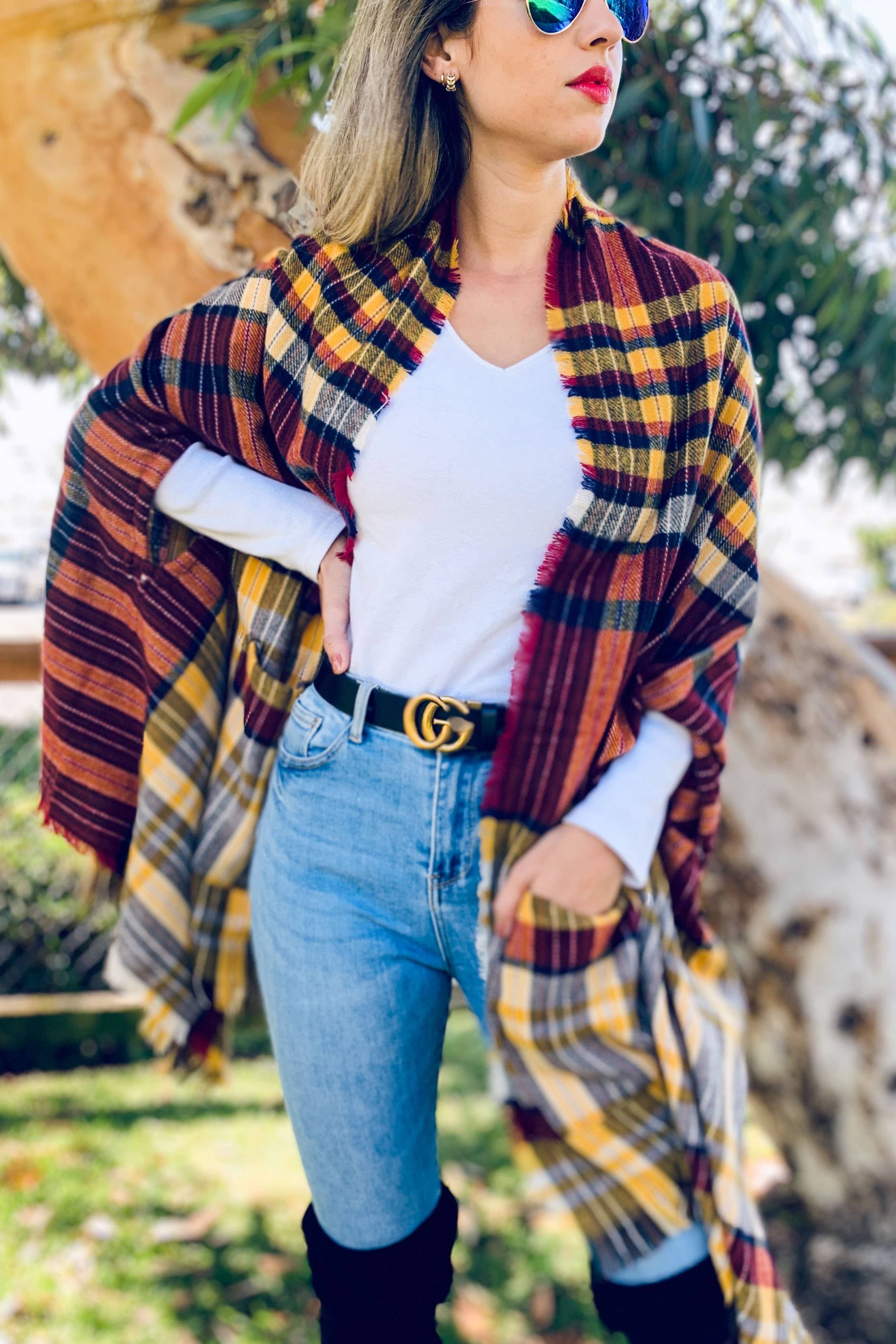 Mustard Plaid Knitted Shawl Scarf With Pocket for wholesale on Faire2