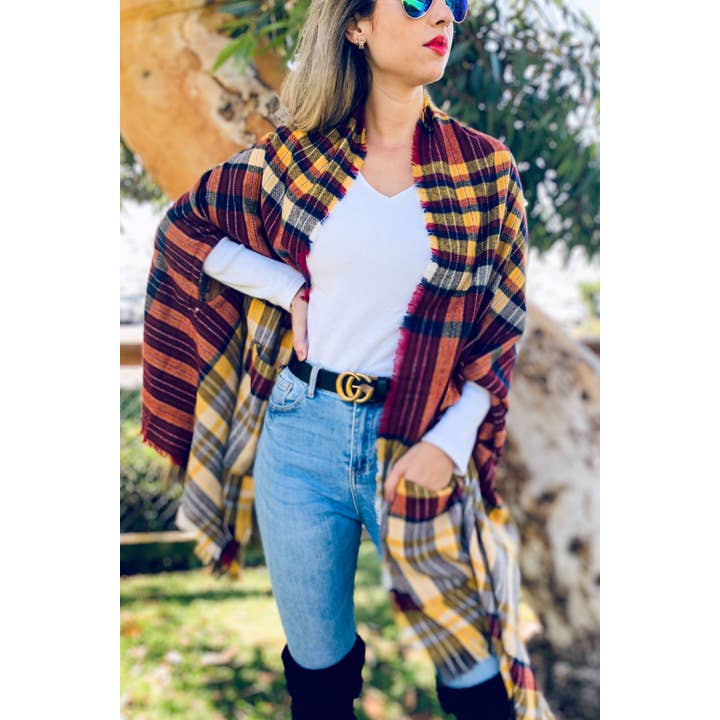 Mustard Plaid Knitted Shawl Scarf With Pocket for wholesale on Faire2