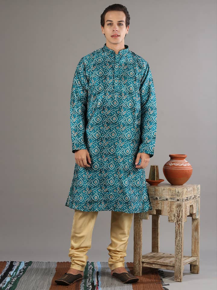 Exotic India Art – wholesale Suit set – men's – Bandhani Print Cotton Silk Mandarin Collar Kurta-Pajama Set10