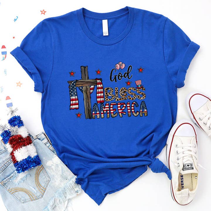 I Love My Freedom - Wholesale Screen Printed T-Shirt - Women's - God Bless America Cross Tee - 1081