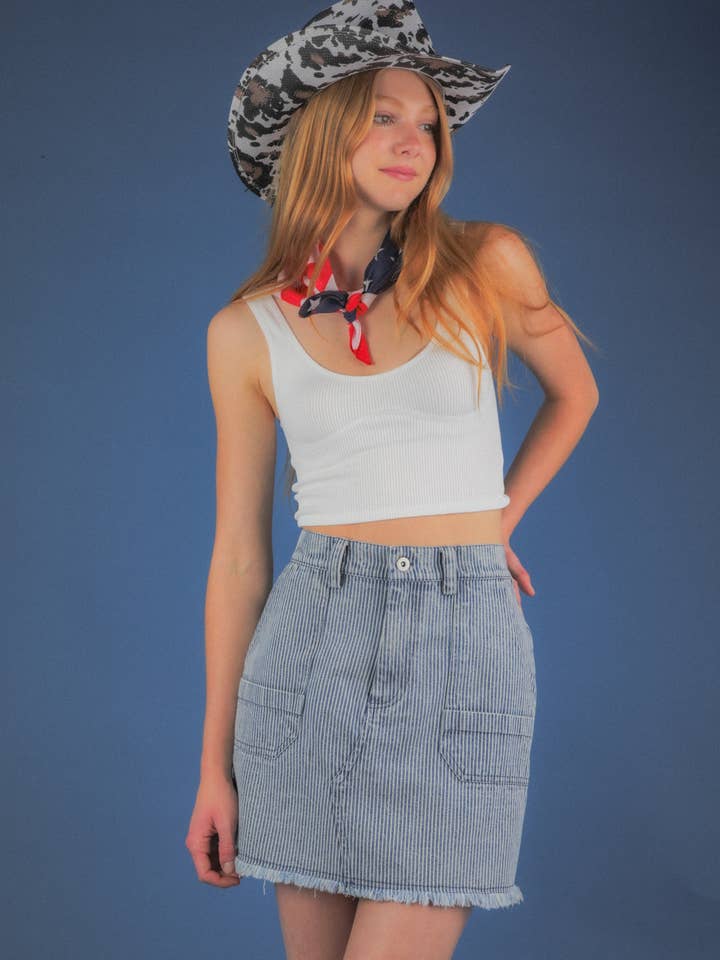 NS50140-Mineral Washed Denim Striped Casual Mini Skirt for wholesale by VERY J