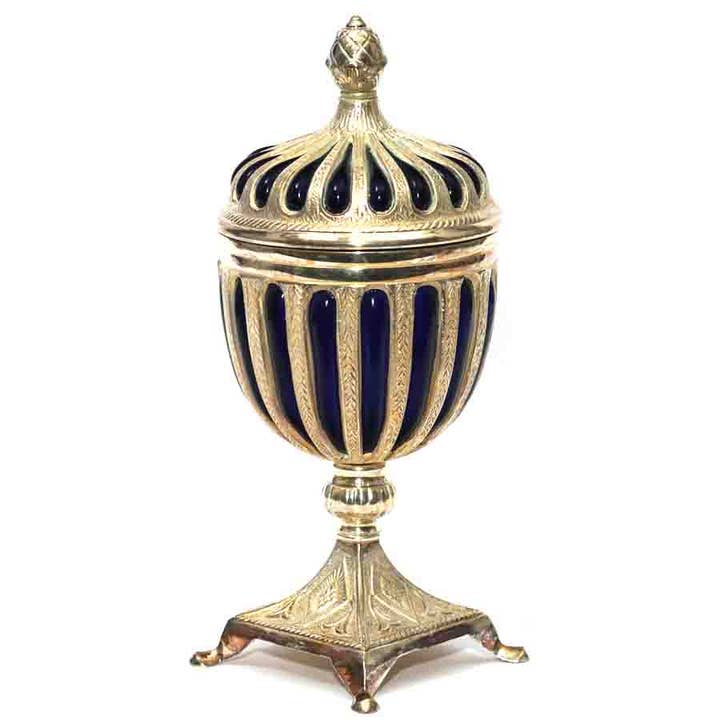 Decorative Blue Glass Jar on Stand for wholesale by R. Expo/Song of India