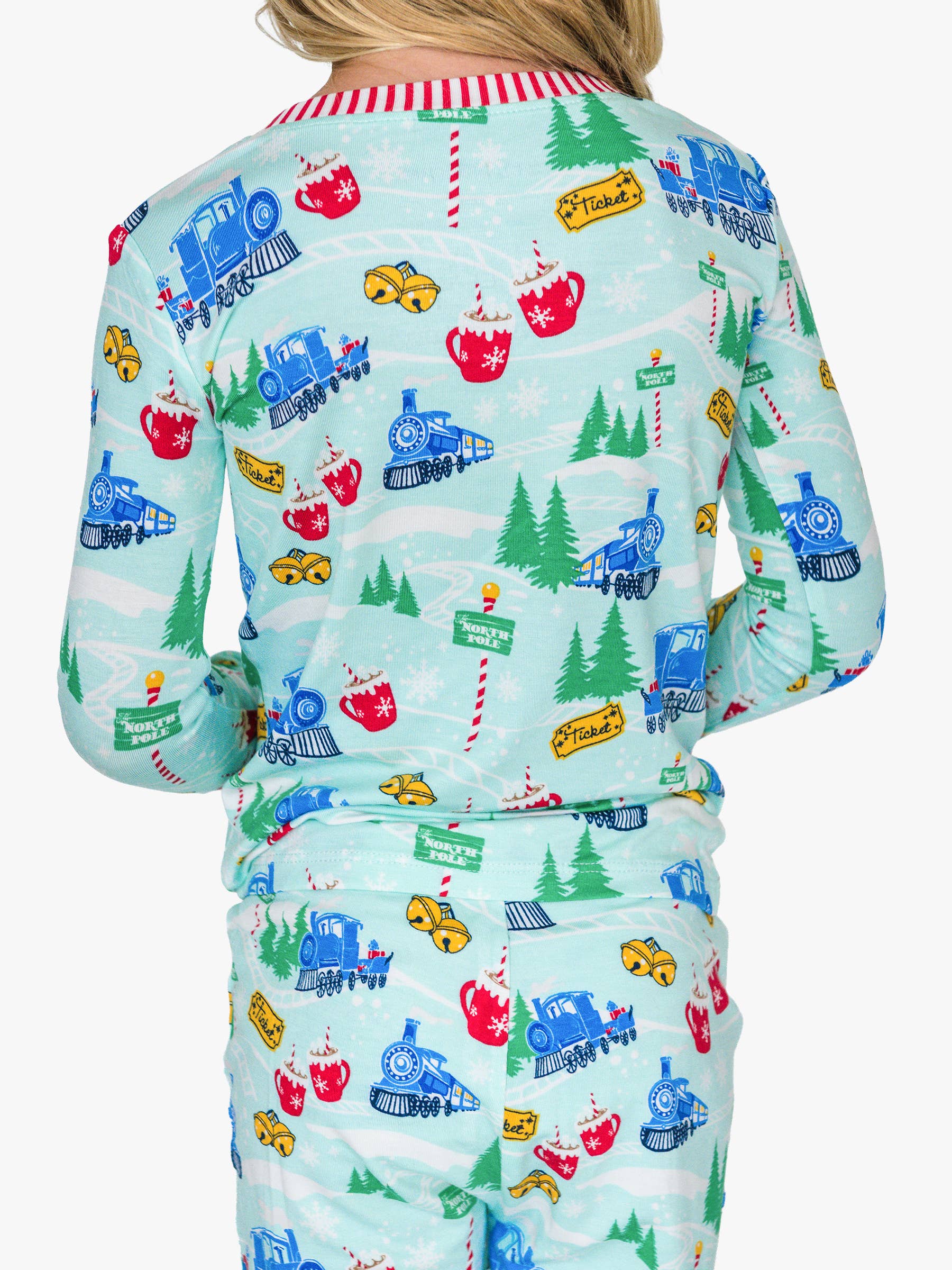 Blue SoftSnooze™ Kids Bamboo Viscose Snowy Train Tracks Long Sleeve Pajama Set for wholesale on Faire5