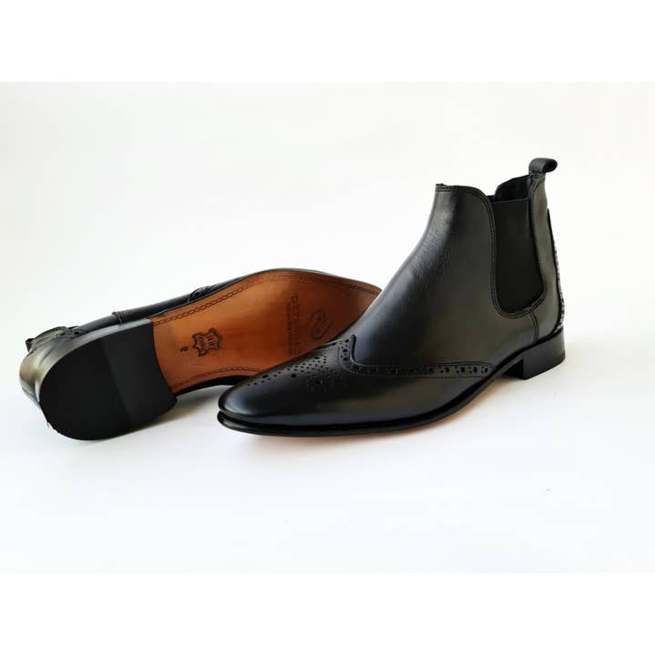Milano Black Men's Wingtip Chelsea Genuine Leather Boots - Leather Sole for wholesale by Scarpetto