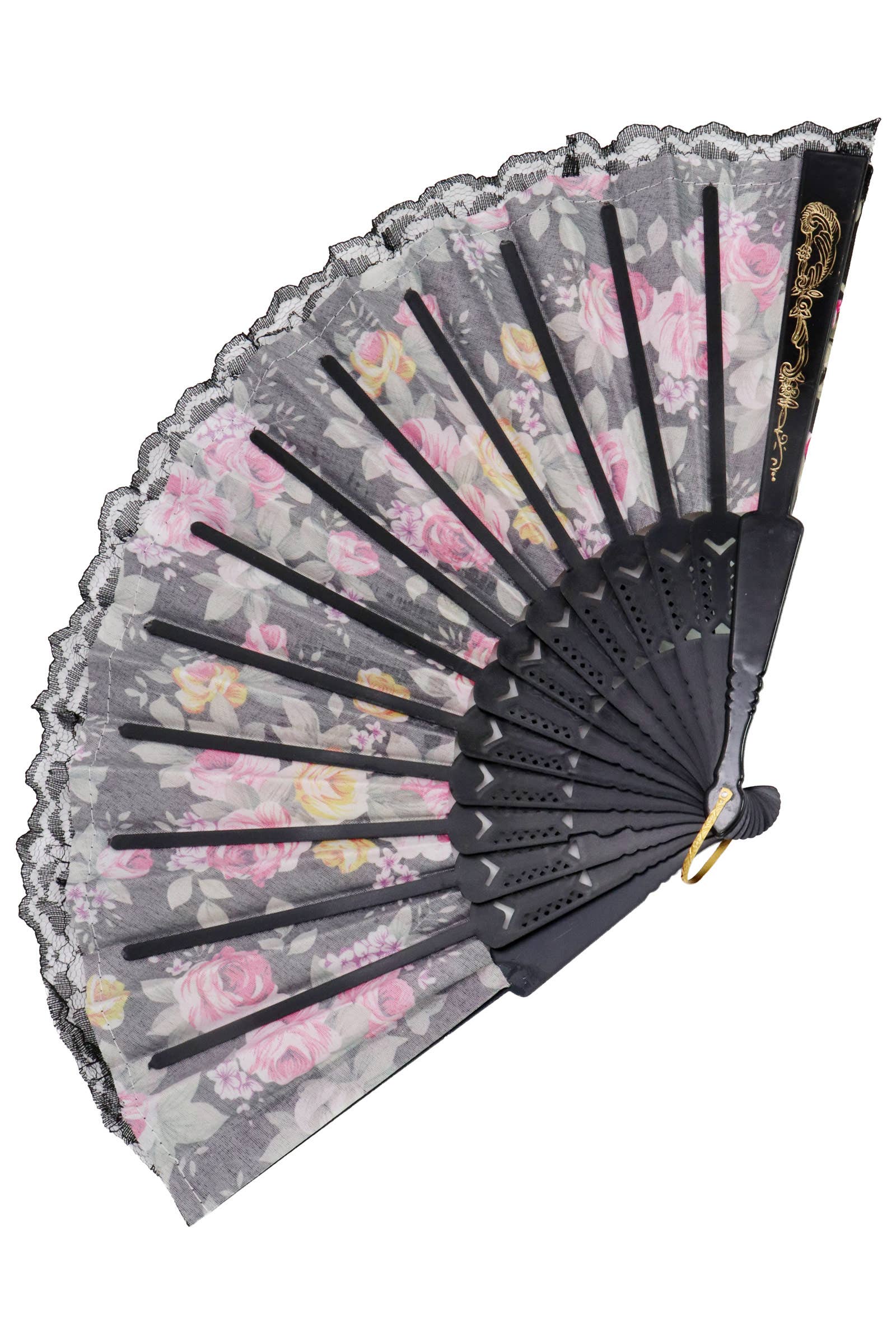 Assorted Rose Black Lace Trim Hand-held Folding Fan for wholesale on Faire4