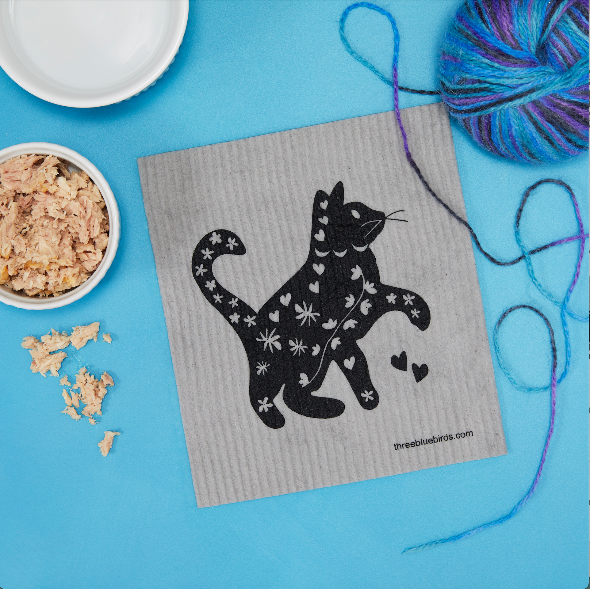 Three Bluebirds Swedish Dishcloths – wholesale Kökshandduk/Disktrasa – Cool katt på grå svensk diskduk1