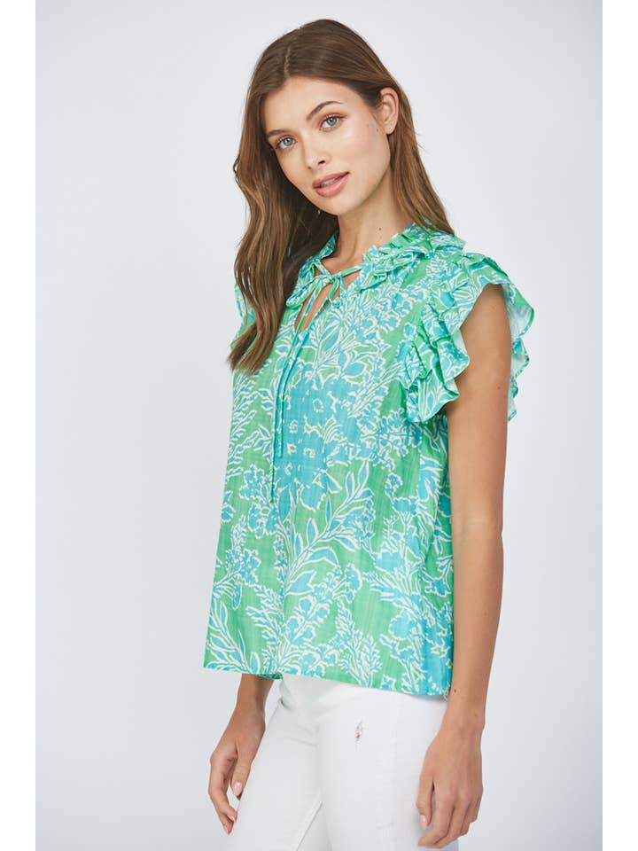 GREEN MULTI FLUTTER SLV RUFFLE COLLAR TOP FT22201 for wholesale on Faire