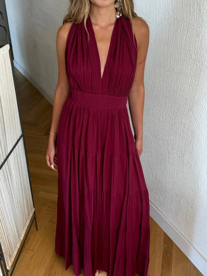 Vestido Comprido de Linho com Decote Halter, Elegante e Fluido para o Verão por atacado de Design company-Fatma Balkir