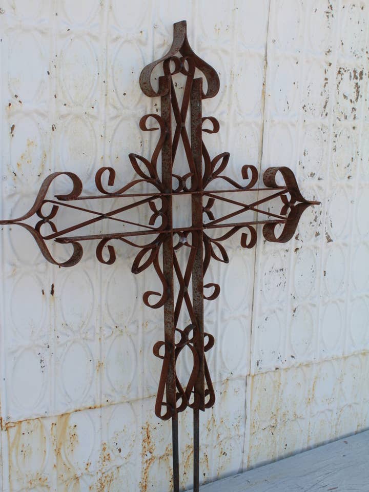Ornate Heavy Scrolled Cross with Stakes Wall Cross for wholesale by Garden Iron And More