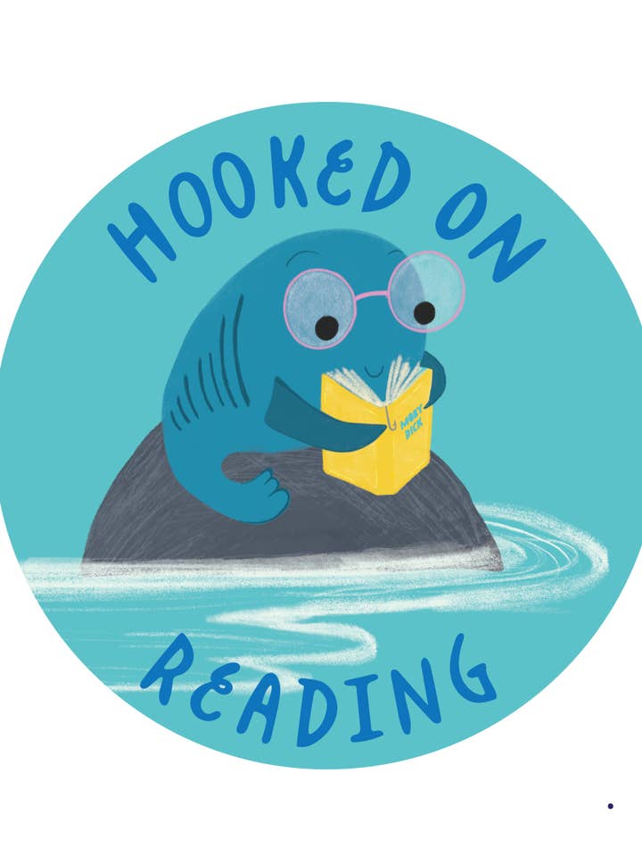 Hooked On Reading – 3" Vinyl Sticker for wholesale by Happy Just Happy