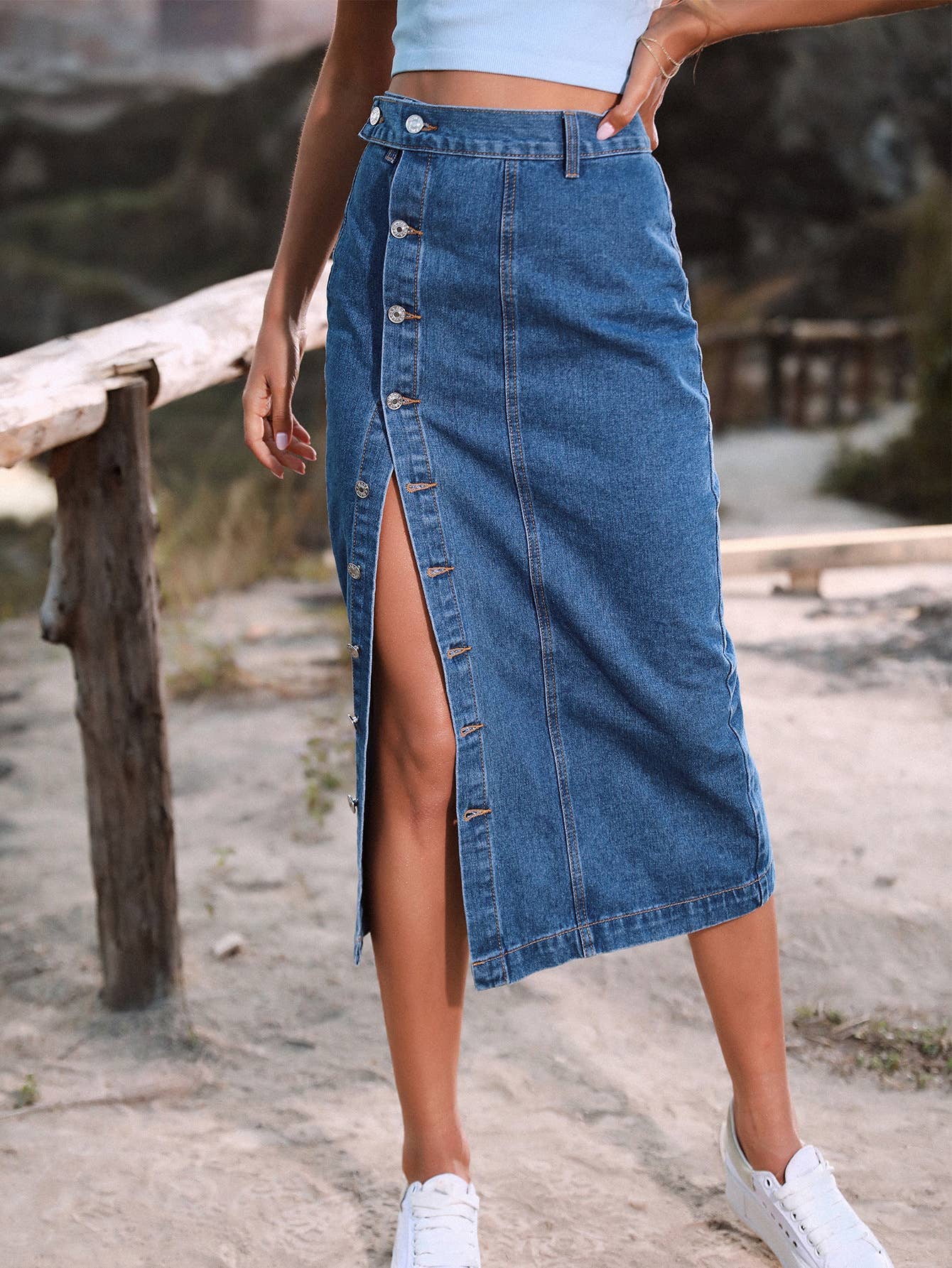 HIDDENBRAND - Wholesale Skirt - Women's - Irregular Buttoned Denim High-Rise Maxi Skirt5