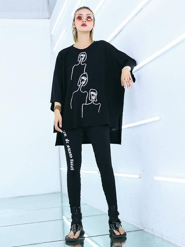 BLACK Embroidered Black&White Loose Round-Neck T-Shirt for wholesale on Faire2