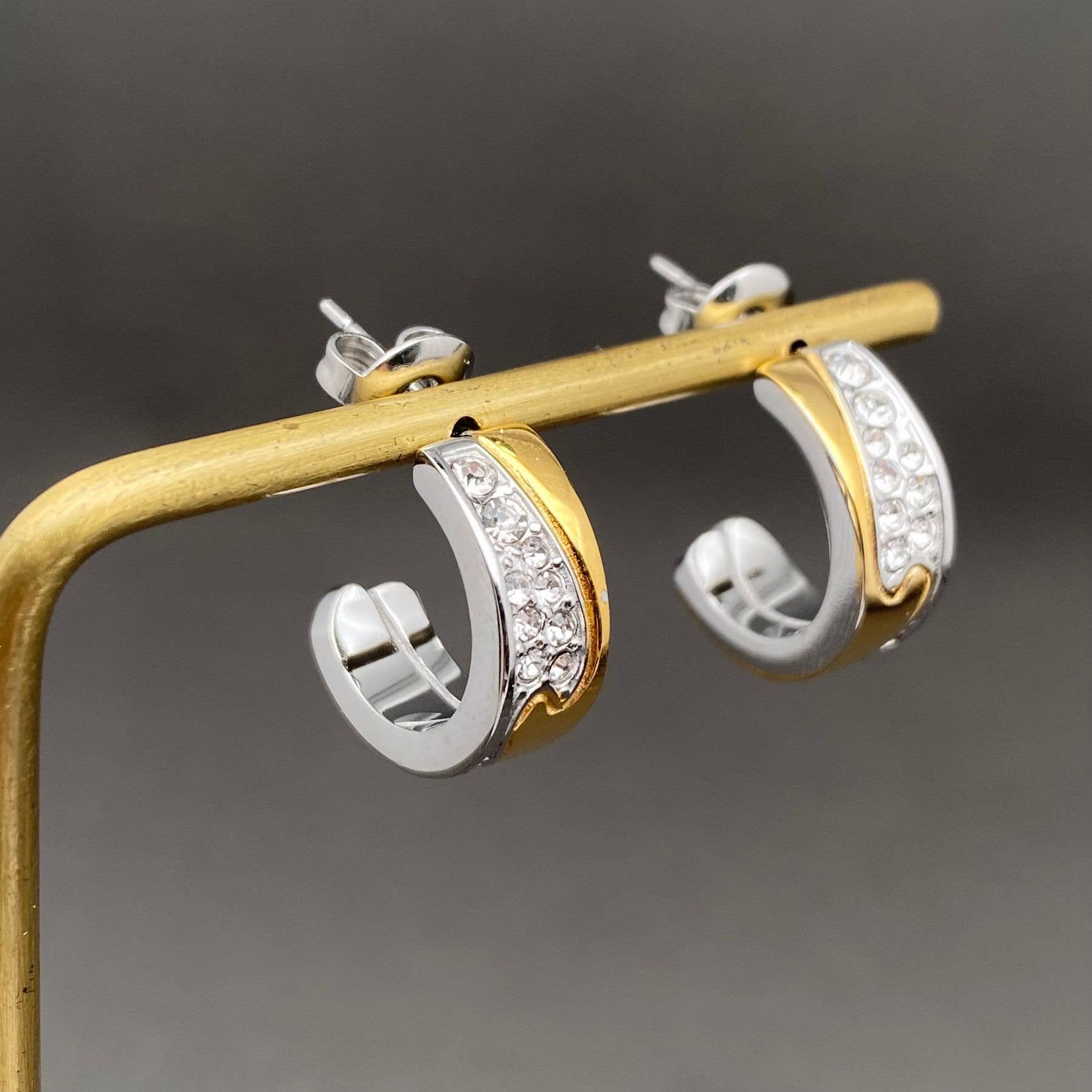 Mio Queena - Wholesale Hoop Earrings - CZ Inlaid Two Tone 18K Gold Plated S.Steel Post Earrings - FGS0