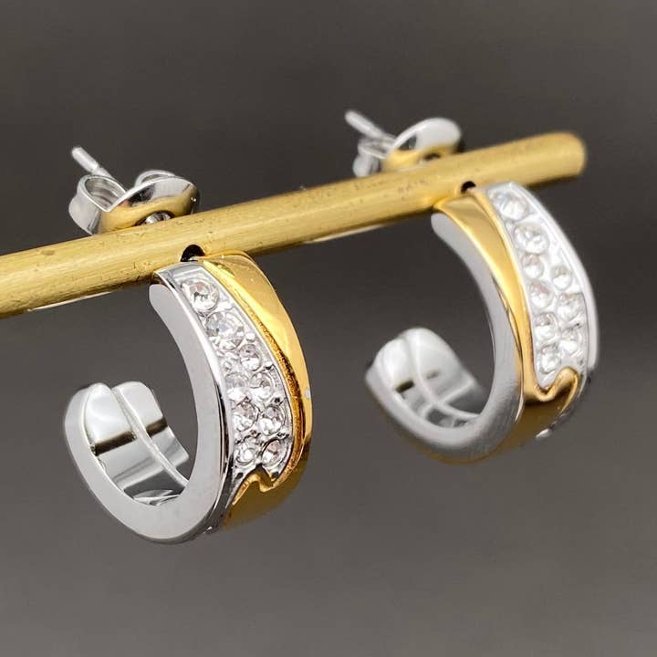 Mio Queena - Wholesale Hoop Earrings - CZ Inlaid Two Tone 18K Gold Plated S.Steel Post Earrings - FGS0