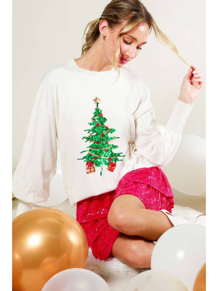 Vine & Love - Wholesale Knit Sweater - Women's - Christmas Tree Sequin Detail Knit Sweater Top VT81484G