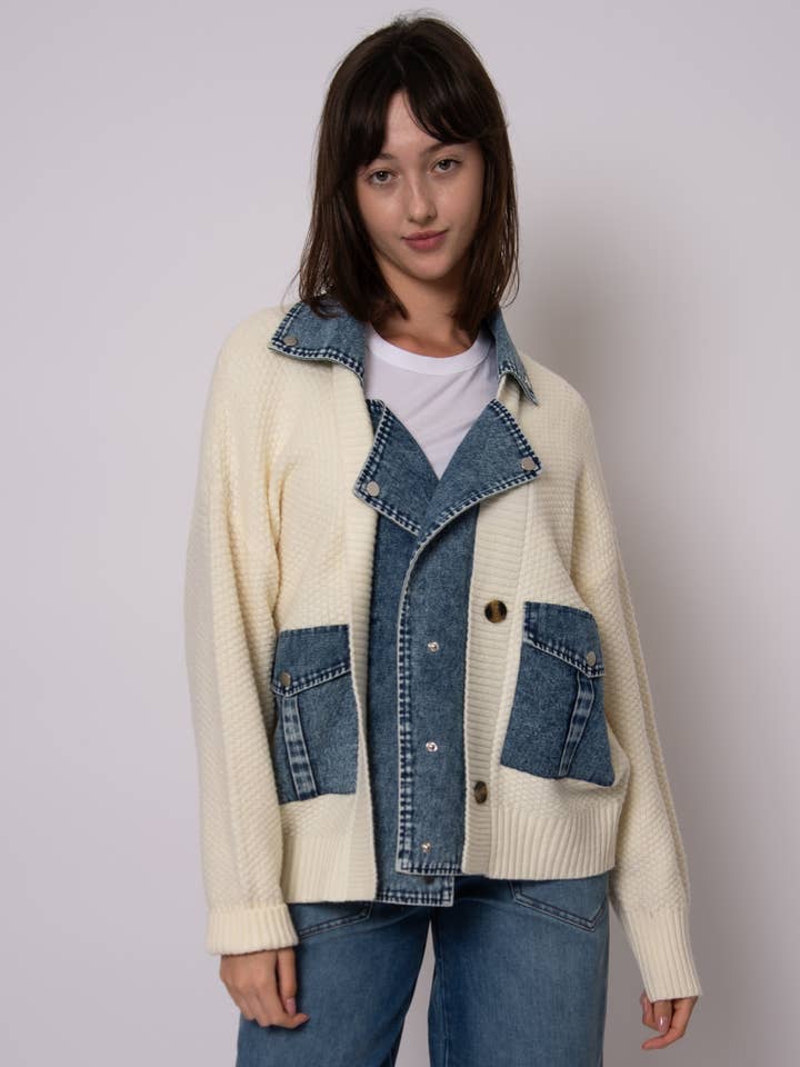 GILET COMBINAISON EN DENIM À COL CHÂLE ET MANCHES LONGUES MONET - 57S260S pour la vente par RD Style