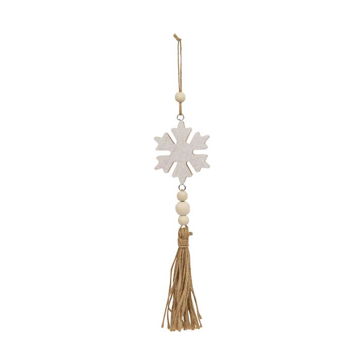 Glittered White Snowflake Beaded Wood Ornament with Tassel for wholesale by Bright Ideas