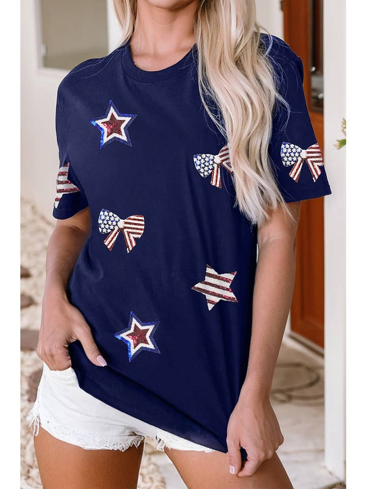 Blue LDC Sequin USA Flag Bow Star Graphic Crewneck T Shirt for wholesale on Faire