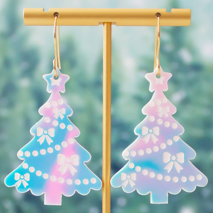 Christmas Tree Earrings Holographic Holiday Acrylic Dangle for wholesale by Momenti di Vita