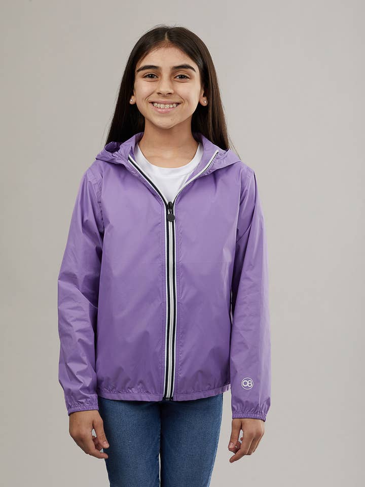 Kids light purple full zip packable rain jacket and windbreaker for wholesale by O8 Lifestyle