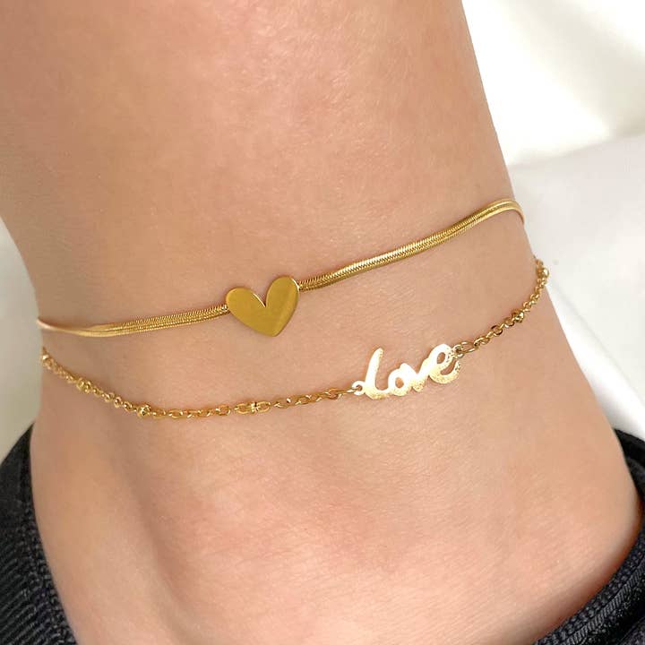 Blueyejewelry - Wholesale Anklet - Gold Heart Anklet - Snake Chain Heart & Love Ankle Bracelet1