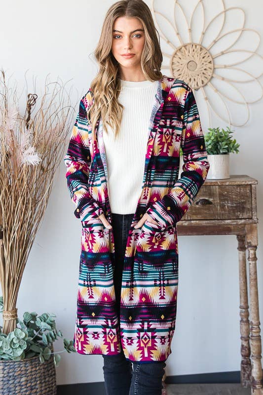 EJ6708-10 HOOD MULTI COLOR AZTEC SHACKET WITH POCKET for wholesale on Faire9