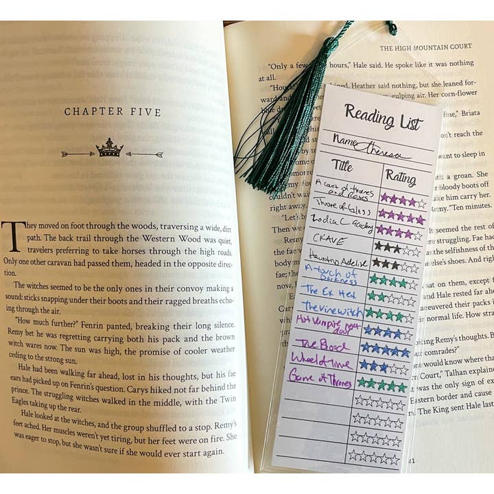 Handmade Book Tracker Reading Tracker Bookmark with Sleeve and Tassel for wholesale by Treasured Tropes Paper Co