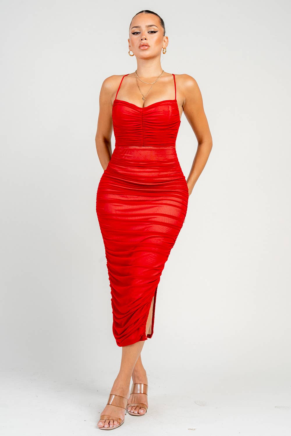 PRIVY – Engroshandel Kjole - Dame – PD73176B_LUX MESH SNØREBÅND MED RYNKET RYG OG MIDI KJOLE5