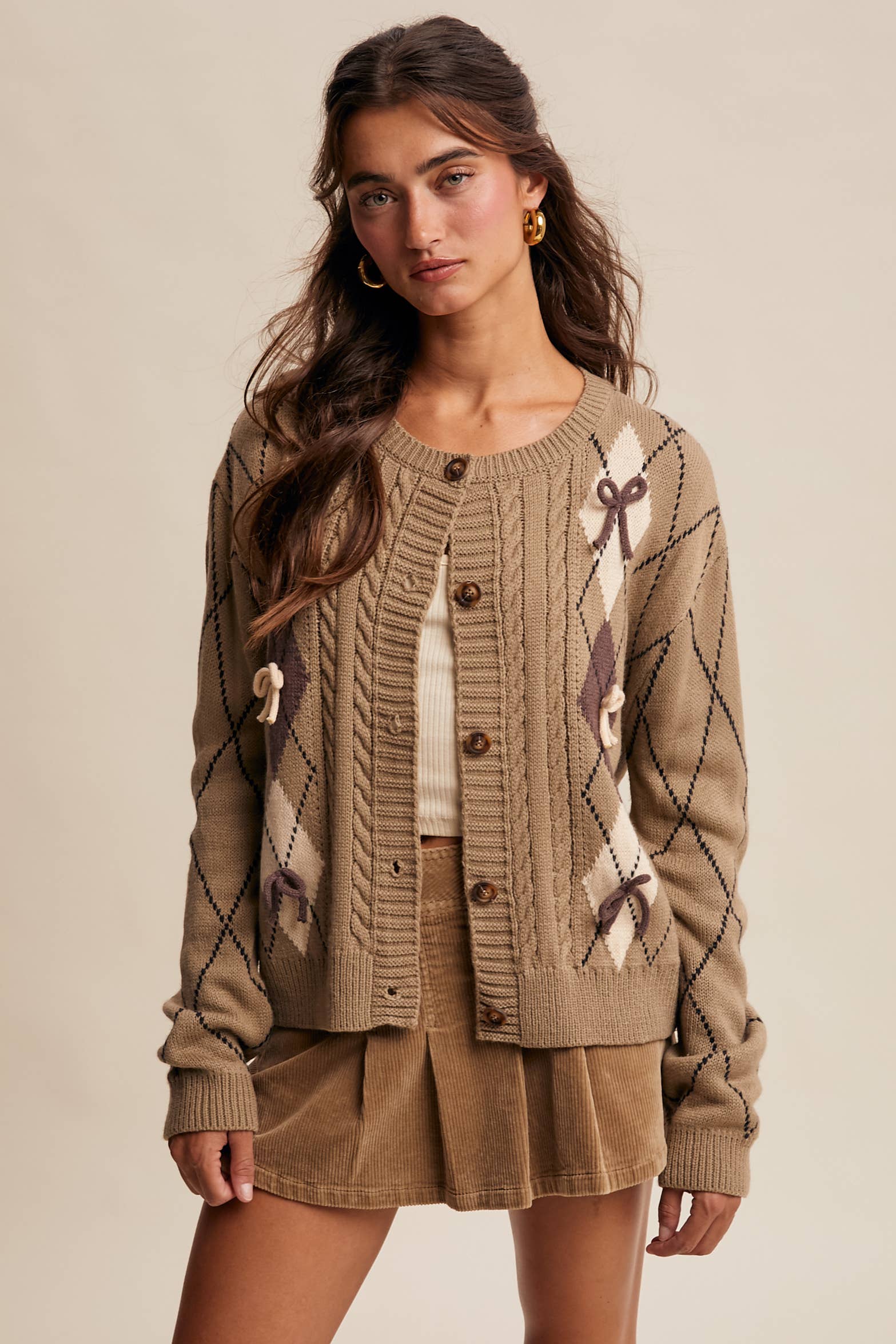 Listicle - Venta al por mayor Cárdigan - Mujer - Cárdigan de Punto con Detalle de Lazo Argyle LSW09737