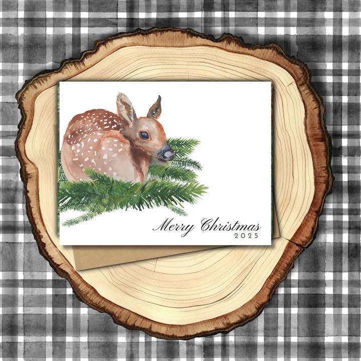 Christmas Card Set of 20 | Watercolor Woodland Fawn for wholesale by Angi Bock Robertson Art