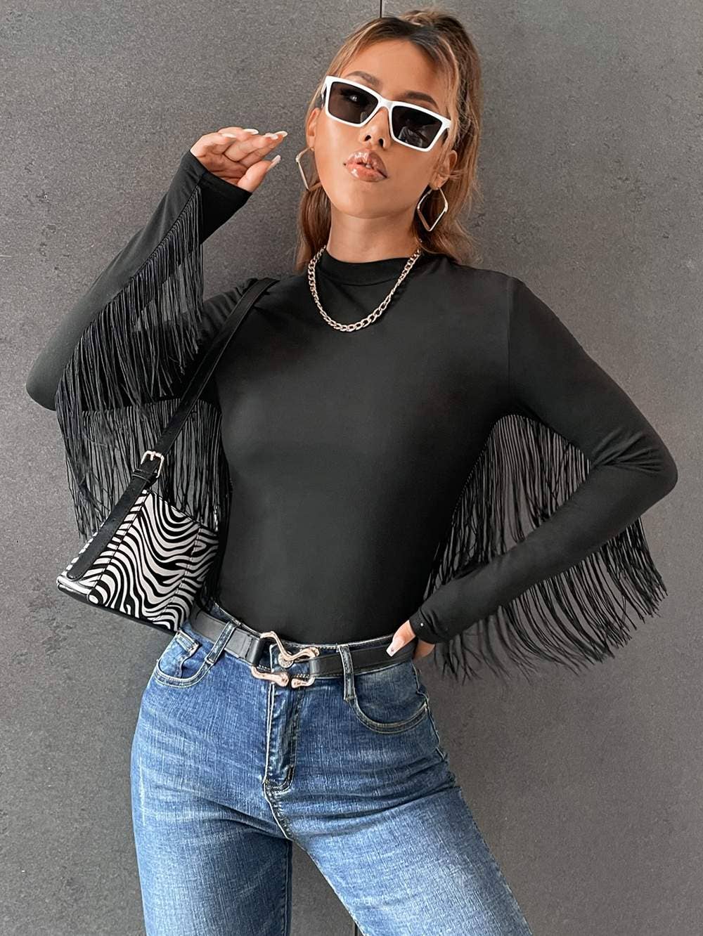 Flarix - Wholesale Blouse - Women's - fringe trim solid fitted tee3