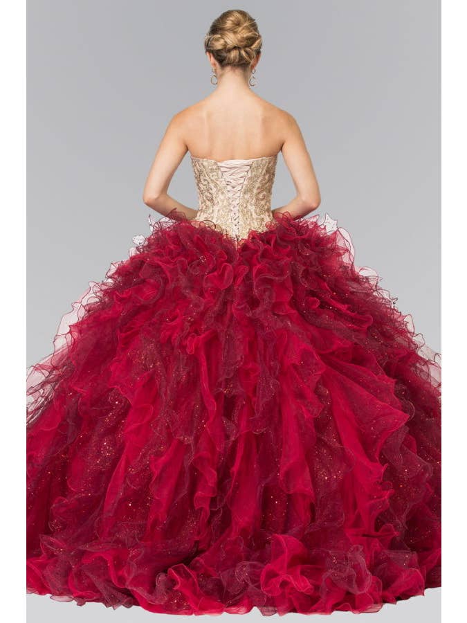 Burgundy Beads Embellished Embroidery Tulle Ruffled Quinceanera Dress with Bolero for wholesale on Faire1