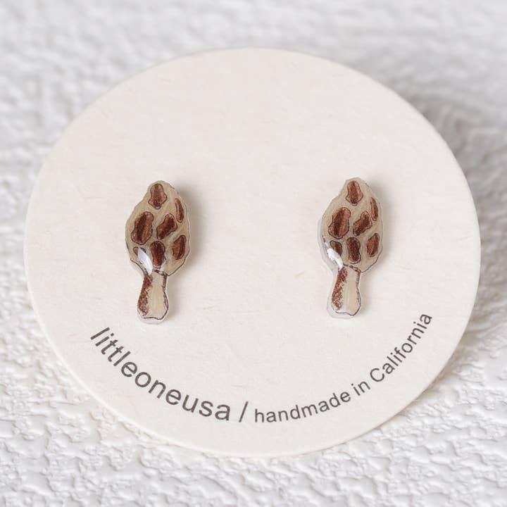Hand Draw Morel Mushroom Titanium Earring Studs for wholesale by littleoneusa