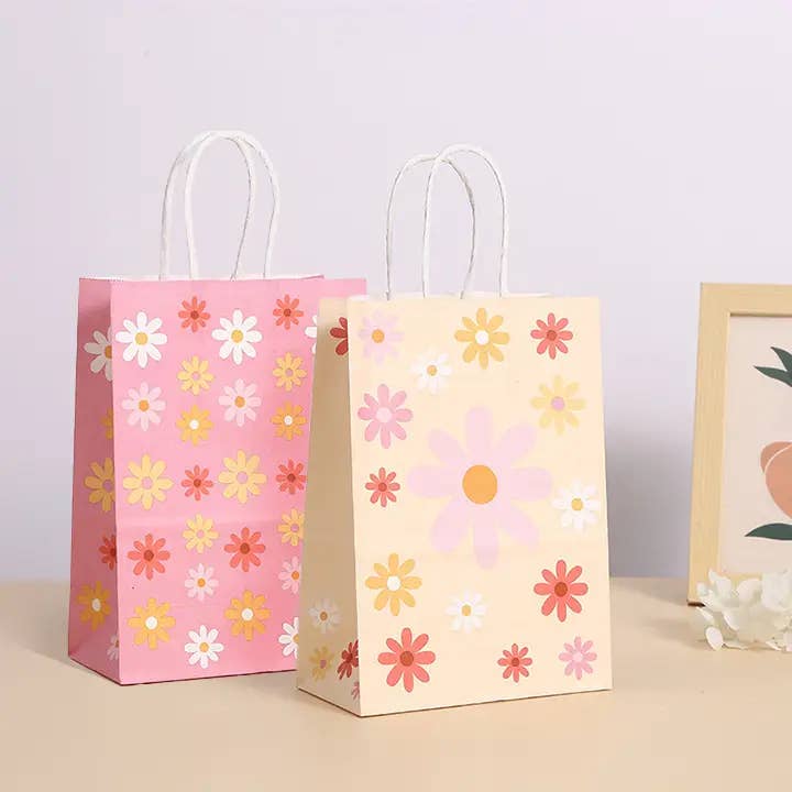 Pastel Pink Yellow Full Flower Print Kraft Paper Gift Bags for wholesale by ByHome