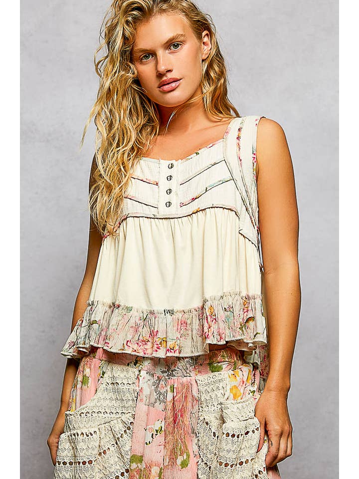 Pol Clothing - Wholesale Tank Top - Women's - Square Neck Soft POL Jersey Floral Trim Boho Tank Top20