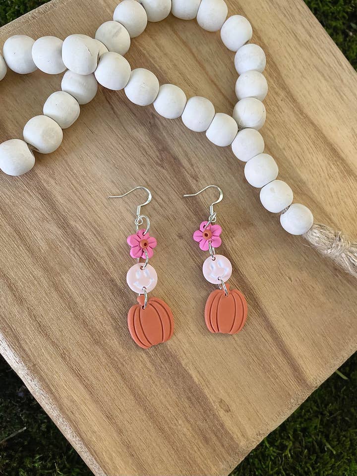 Pink Smiley Pumpkin Dangle Earring for wholesale by The Crystal Lotus
