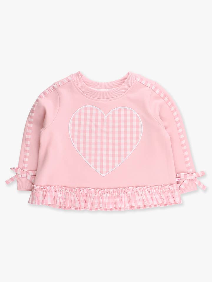 Piger Hjerte Pink Gingham Applikation Flæse Sløjfe Sweatshirt for engroshandel hos RuffleButts + RuggedButts