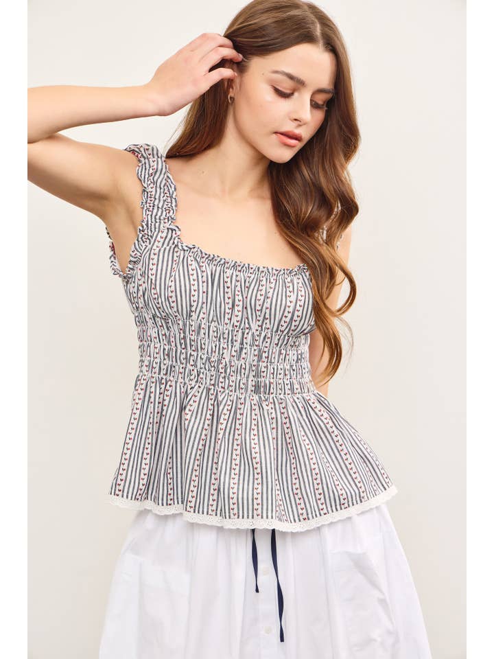 NIGHT BLUE ELASTIC RUFFLE SMOCKED WAIST SLEEVELESS PEPLUM TOP for wholesale on Faire