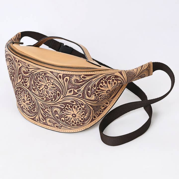 ADBGZ829 Hand-Tooled Leather Western Belt Bag - Floral Fanny Pack with Adjustable Strap for wholesale by LS Western