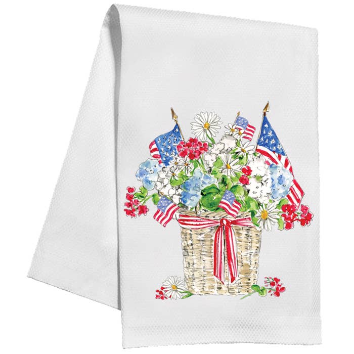 Patriotic Flowers and Flags in Basket Planter Kitchen Towel for wholesale by RosanneBeck Collections
