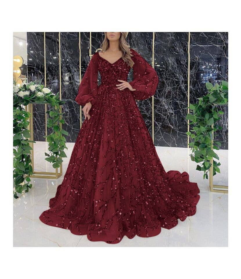 pinkblu02 - Wholesale Formele jurk - Dames - Kralen Avondjurk Met Pofmouwen Maxi Jurken1