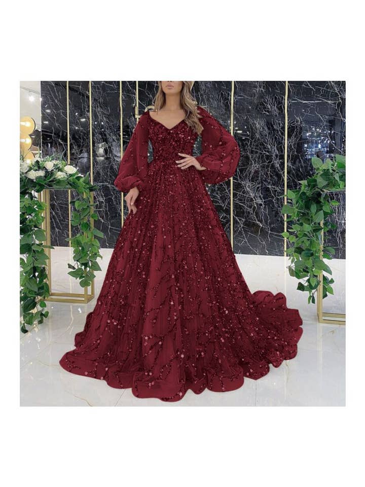 pinkblu02 - Wholesale Formele jurk - Dames - Kralen Avondjurk Met Pofmouwen Maxi Jurken1