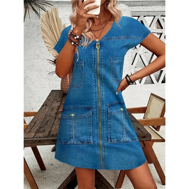 Abito in denim a tinta unita con scollo a V, maniche corte e zip finta. per la vendita all'ingrosso da parte di Mirazshoes WholeSale