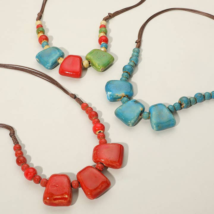 Sensibling Corp. - Wholesale Beaded/Pearl Necklace - Boho Resin Pebble Beaded Adjustable Cord Necklace